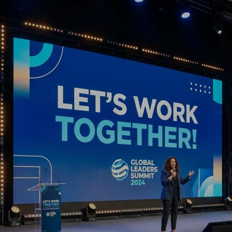 Pantalla principal de un escenario con el mensaje «Let’s work together!»
